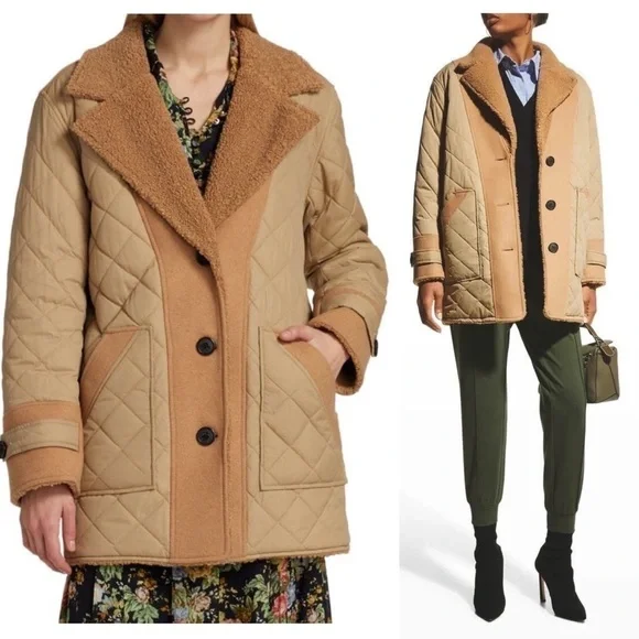 DEREK LAM 70s Reversible Wool Blend Quilted Faux Shearling Oversized Barn Coat 6 - Picture 3 of 17